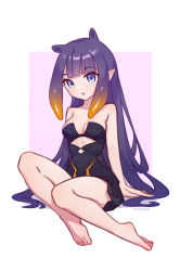 Rule 34 | 1girl, absurdres, barefoot, black dress, blue eyes, blush, cutout above navel, dress, gradient hair, highres, hololive, hololive english, knees up, long hair, md5 mismatch, multicolored hair, ninomae ina&#039;nis, ninomae ina&#039;nis (1st costume), open mouth, orange hair, pointy ears, purple hair, resolution mismatch, self-upload, source smaller, tentacle hair, very long hair, virtual youtuber