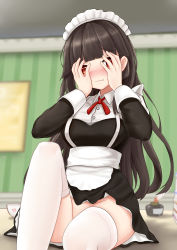 Rule 34 | 1girl, absurdres, alternate costume, black dress, black hair, blush, breasts, covering face, dress, enmaided, hands on own face, highres, indomitable (warship girls r), long hair, long sleeves, maid, medium breasts, no panties, red eyes, short dress, solo, thighhighs, warship girls r, white thighhighs, william.b