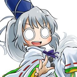 Rule 34 | 1girl, profile picture, chamaji, commentary, eyes visible through hair, grey hair, hair ribbon, hat, japanese clothes, kariginu, looking at viewer, lowres, mononobe no futo, neck ribbon, pom pom (clothes), ponytail, ribbon, ribbon-trimmed sleeves, ribbon trim, signature, sleeves past fingers, sleeves past wrists, smile, solo, tate eboshi, touhou, upper body, white background, wide sleeves