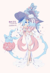 Rule 34 | 1girl, black sclera, blue hair, bow, bowtie, braid, breasts, cleavage, closed mouth, colored sclera, creatures (company), crossed legs, flower, full body, game freak, gen 8 pokemon, gradient hair, hair flower, hair ornament, harurie, hat, hat bow, hat flower, hatterene, highres, long hair, long sleeves, looking at viewer, low twin braids, multicolored hair, nintendo, no pupils, personification, pink background, pink flower, pink hair, pink rose, pokemon, rose, sleeves past fingers, sleeves past wrists, smile, solo, standing, sun hat, twin braids, two-tone hair, very long hair, watson cross, white flower, white rose