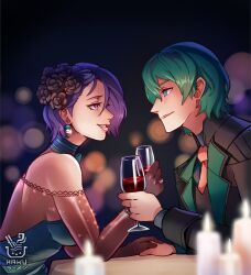 Rule 34 | 1boy, 1girl, alcohol, alternate costume, aqua dress, black suit, blue eyes, breasts, byleth (fire emblem), byleth (male) (fire emblem), closed mouth, commentary, commission, cup, dress, earrings, english commentary, enlightened byleth (male), fire emblem, fire emblem: three houses, flower, formal, from side, glass, green hair, hair flower, hair ornament, hakuramen, highres, holding, holding cup, holding hands, jewelry, large breasts, lips, long sleeves, looking at another, necktie, nintendo, parted lips, pink lips, pink necktie, profile, purple eyes, purple hair, ring, shamir nevrand, sideboob, smile, strapless, strapless dress, suit, wedding ring