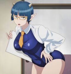 Rule 34 | 1girl, anime screenshot, annoyed, blue hair, breasts, covered navel, demon girl, demon horns, glasses, green eyes, hand on own hip, highres, horns, large breasts, leaning forward, legs, lv1 maou to one room yuusha, necktie, one-piece swimsuit, pointy ears, screencap, short hair, solo, stitched, swimsuit, thighs, third-party edit, zenia (lv1 maou to one room yuusha)