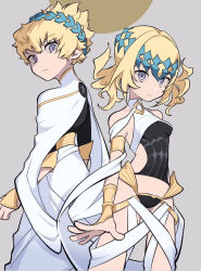 Rule 34 | 1boy, 1girl, armlet, artist request, back, bad id, bad pixiv id, bare shoulders, black shirt, blonde hair, blue eyes, bracer, breasts, brother and sister, castor (fate), closed mouth, diadem, fate/grand order, fate (series), gemini (symbol), grey background, halterneck, looking at viewer, medium hair, pollux (fate), robe, shirt, short hair, siblings, simple background, small breasts, smile, thighs, twins, white robe