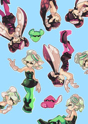 Rule 34 | + +, 2girls, ankle boots, black dress, black footwear, black jumpsuit, blue background, boots, callie (splatoon), closed eyes, closed mouth, cousins, detached collar, dress, earrings, expressions, food, food on face, food on head, gloves, gomipomi, green legwear, grey hair, grin, inkling, invisible chair, jewelry, jumpsuit, long hair, looking at viewer, marie (splatoon), mask, mole, mole under eye, multiple girls, nintendo, object on head, open mouth, pantyhose, pointy ears, purple legwear, short dress, short hair, short jumpsuit, simple background, sitting, smile, squid, squidbeak splatoon, standing, strapless, strapless dress, sushi, tentacle hair, white gloves