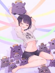 Rule 34 | 1girl, absurdres, arms up, barefoot, black shorts, blunt bangs, blush, bob cut, breasts, closed eyes, commentary, dutch angle, english commentary, extra ears, fang, feet, full body, grey shirt, hair ornament, highres, holding, hololive, hololive english, legs, ma draws, midriff, mole, mole under eye, navel, ninomae ina&#039;nis, ninomae ina&#039;nis (loungewear), on ground, open mouth, parted bangs, pointy ears, purple background, shiny skin, shirt, short hair, short shorts, short sleeves, shorts, sidelocks, signature, sitting, small breasts, solo, t-shirt, takodachi (ninomae ina&#039;nis), thighs, toes, virtual youtuber, wariza