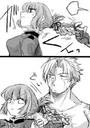 Rule 34 | 1boy, 1girl, beowulf (fate), blank speech bubble, braid, braided hair rings, comic, fate/grand order, fate (series), florence nightingale (fate), frown, grabbing another&#039;s hair, greyscale, hair rings, mijinko (83nabe), monochrome, pulling another&#039;s clothes, scar, single braid, speech bubble, topless male, v-shaped eyebrows