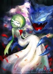Rule 34 | 1girl, alternate breast size, artist name, blue eyes, bob cut, breasts, carrying, closed eyes, closed mouth, colored skin, creatures (company), english text, fangs, female focus, game freak, gardevoir, gen 1 pokemon, gen 3 pokemon, ghost, green hair, green skin, hair over one eye, haunter, heterochromia, looking at another, multicolored skin, nanami lusia, nintendo, one eye covered, open mouth, petals, pokemon, pokemon (creature), princess carry, red eyes, short hair, skin fangs, sleeping, small breasts, twitter username, two-tone skin, u u, watermark, web address, white skin