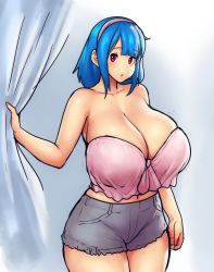 Rule 34 | 1girl, :o, bandeau, bare shoulders, blue hair, breasts, cleavage, cropped legs, curtain grab, curtains, curvy, denim, denim shorts, erkaz, hairband, headband, highres, huge breasts, looking at viewer, medium hair, original, pink bandeau, pink headband, red eyes, rina atherina, shorts, solo, standing, thick thighs, thighs