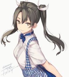 Rule 34 | 1girl, alternate costume, apron, blue bow, blue bowtie, blue dress, bow, bowtie, breasts, brown eyes, closed mouth, dated, dress, gingham apron, grey hair, hair between eyes, hair tie, kantai collection, long hair, looking at viewer, plaid, plaid dress, rokuwata tomoe, shirt, short sleeves, signature, simple background, small breasts, smile, solo, twintails, twitter username, upper body, white background, white shirt, zuikaku (kancolle)