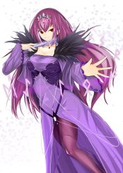 Rule 34 | 1girl, absurdres, breasts, chankuro, dress, fate/grand order, fate (series), feather trim, fur-trimmed dress, fur trim, hair between eyes, headpiece, highres, holding, holding wand, large breasts, pantyhose, purple dress, purple hair, purple ribbon, red eyes, ribbon, runes, scathach (fate), scathach skadi (fate), tiara, wand