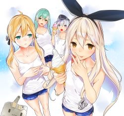 Rule 34 | 4girls, :3, :p, alternate costume, ama mitsuki, anchor hair ornament, anchor symbol, antenna hair, aqua eyes, aqua hair, bare arms, bare legs, bare shoulders, black hat, black ribbon, blonde hair, blue background, blue eyes, blue shorts, blush, breasts, brown eyes, casual, collarbone, cowboy shot, denim, denim shorts, flat cap, food, gradient background, green eyes, hair ornament, hair ribbon, hat, head tilt, hibiki (kancolle), ice cream, kantai collection, long hair, looking at viewer, low twintails, medium breasts, multiple girls, open mouth, own hands together, parted lips, prinz eugen (kancolle), rensouhou-kun, ribbon, shimakaze (kancolle), shorts, silver hair, sleeveless, standing, suzuya (kancolle), tareme, tongue, tongue out, twintails, very long hair