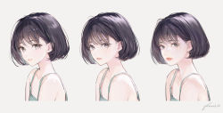 Rule 34 | 1girl, artist name, bare shoulders, black hair, blush, bob cut, camisole, collarbone, gomzi, grey camisole, grey eyes, lips, looking at viewer, multiple views, original, parted lips, short hair, signature, simple background, solo, upper body, white background