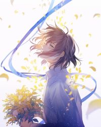 Rule 34 | 1boy, axis powers hetalia, blue ribbon, bouquet, brown hair, collared shirt, falling petals, floating hair, flower, green eyes, highres, holding, holding bouquet, leaf, lithuania (hetalia), long sleeves, looking at viewer, looking back, male focus, medium hair, petals, ribbon, shirt, solo, vvvrsi3636, white background, white flower, white shirt, yellow flower