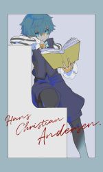 Rule 34 | 10s, 1boy, bad id, bad pixiv id, black legwear, blue eyes, blue hair, blue shorts, blue vest, book, character name, closed mouth, fate/extra, fate/extra ccc, fate (series), feet out of frame, hair between eyes, hans christian andersen (fate), holding, holding book, kibadori rue, long sleeves, male focus, open book, reading, renaissance clothes, shorts, sitting, solo, vest