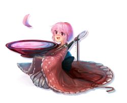 Rule 34 | 1girl, blush, bowl, erty113, from side, japanese clothes, kimono, mini person, minigirl, no headwear, nose blush, open mouth, pink hair, pleated skirt, red eyes, sitting, skirt, solo, sukuna shinmyoumaru, touhou, water, white background, wide sleeves