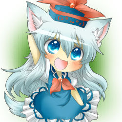 Rule 34 | 1girl, :3, animal ears, arm up, bad id, bad pixiv id, blue dress, blue eyes, blush, chibi, dog ears, dog tail, dress, fang, female focus, gradient background, hat, kamishirasawa keine, kemonomimi mode, long hair, open mouth, rebecca (keinelove), silver hair, smile, solo, tail, touhou, white background