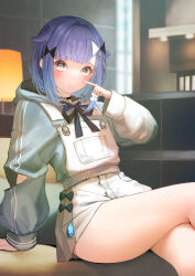 Rule 34 | 1girl, arm support, black bow, black bowtie, black collar, blue hair, blue hoodie, bow, bowtie, collar, crossed legs, dark blue hair, gradient hair, grey eyes, hair flaps, highres, hood, hoodie, index finger raised, indoors, jakusha shiro, light blue hair, long sleeves, looking at viewer, multicolored hair, overall shorts, overalls, pleated shorts, pointing, pointing at self, puffy long sleeves, puffy sleeves, ringed eyes, short hair, sitting, smile, solo, thighs, tsumugi kokage, unzipped, virtual youtuber, vspo!, water drop hair ornament, white overalls, zipper