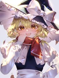 Rule 34 | 1girl, blonde hair, blush, bow, capelet, commentary request, falling leaves, hat, hat bow, highres, kirisame marisa, leaf, long hair, long sleeves, looking at viewer, open mouth, orange eyes, perfect cherry blossom, rakugakiman2222, red scarf, scarf, smile, solo, touhou, white bow, white capelet, witch hat