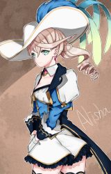 Rule 34 | 10s, 1girl, alisha diphda, aqua eyes, breasts, brown background, brown hair, character name, cleavage, drill hair, artistic error, frills, gloves, gradient background, hat, jacket, jewelry, long hair, ribbon, skirt, smile, tales of (series), tales of zestiria, thighhighs