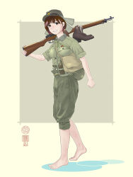 Rule 34 | 1girl, absurdres, arisaka, bag, barefoot, bob cut, bolt action, boots, unworn boots, brown background, brown eyes, brown hair, carrying over shoulder, commission, dated, grin, gun, hat flaps, highres, hip flask, imperial japanese army, looking at viewer, military uniform, original, rifle, shoulder bag, sino (mechanized gallery), sleeves rolled up, smile, soldier, solo, square, uniform, visor cap, walking, weapon