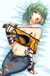 Rule 34 | 10s, 1girl, bare shoulders, belt, blush, breast tattoo, breasts, brown eyes, cleavage, collarbone, crop top, denim, dual wielding, green hair, hikage (senran kagura), holding, holding weapon, large breasts, licking, licking blade, licking weapon, looking at viewer, lowres, lying, machete, miyashiro sousuke, navel, off-shoulder shirt, off shoulder, on back, open belt, open fly, open mouth, pants, senran kagura, shirt, short hair, solo, stomach, tattoo, tongue, tongue out, torn clothes, torn pants, unbuckled, unbuttoned, unzipped, weapon