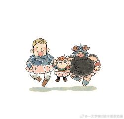 Rule 34 | 3boys, armor, ballerina, beard, beard over mouth, blonde hair, boots, brown eyes, brown footwear, brown hair, carrying, carrying person, chibi, chilchuck tims, chinese commentary, closed eyes, closed mouth, crossdressing, dancing, dungeon meshi, dwarf, facial hair, fake horns, full body, green scarf, helmet, highres, horned helmet, horns, laios touden, long beard, looking at viewer, male focus, mingdamitang, multiple boys, open mouth, pink skirt, scarf, senshi (dungeon meshi), short hair, simple background, skirt, very short hair, weibo watermark, white background
