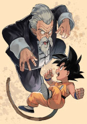 Rule 34 | 2boys, arms at sides, beard, black eyes, black footwear, black hair, chinese clothes, clenched hands, clothes writing, dougi, dragon ball, dragon ball (classic), facial hair, full body, hungry clicker, jackie chun, long sleeves, male focus, monkey tail, multiple boys, mustache, muten roushi, old, old man, open mouth, serious, shirt, simple background, son goku, spiked hair, tail, teeth, thick eyebrows, v-shaped eyebrows, white hair, wrinkled skin