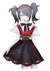 Rule 34 | 1girl, ame-chan (needy girl overdose), black hair, black ribbon, black skirt, bow, closed mouth, collar, collared shirt, cowboy shot, grey eyes, hair over one eye, highres, jishi xingle, looking at viewer, neck ribbon, needy girl overdose, red shirt, ribbon, shirt, simple background, skirt, solo, standing, suspender skirt, suspenders, twintails, white background, white collar