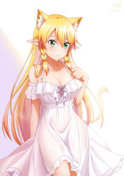 Rule 34 | 1girl, animal ear fluff, animal ears, blonde hair, blush, braid, breasts, cat ears, cat tail, cleavage, closed mouth, collarbone, cowboy shot, dress, green eyes, hair between eyes, hand up, highres, ken-ji, large breasts, leafa, long hair, looking away, off-shoulder dress, off shoulder, pointy ears, signature, simple background, sundress, sword art online, tail, twin braids, twitter username, white dress