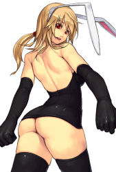 Rule 34 | 1girl, animal ears, ass, back, bottomless, elbow gloves, gloves, gluteal fold, looking back, no panties, original, ponytail, rabbit ears, red eyes, solo, thighhighs, yuuji (and)