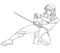 Rule 34 | 1boy, absurdres, boots, closed mouth, collarbone, flowercz, gloves, greyscale, highres, holding, holding sword, holding weapon, knee boots, link, male focus, medium hair, monochrome, nintendo, on one knee, pants, pointy ears, ponytail, sword, the legend of zelda, weapon