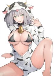 Rule 34 | 1girl, :p, absurdres, animal ears, animal print, arm support, bell, bikini, black bikini, black choker, breasts, breasts out, choker, cow print, cowbell, cropped legs, fake animal ears, green eyes, grey hair, highres, hololive, hood, hoodie, index finger raised, large breasts, navel, seino (sasakike1305), shirogane noel, spread legs, swimsuit, tongue, tongue out, virtual youtuber, white background