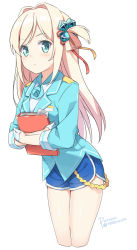 Rule 34 | 1girl, blonde hair, blue flower, blue jacket, blue rose, blue shorts, blush, chinese commentary, closed mouth, collared shirt, commentary request, cropped legs, emilia (krt girls), flower, gloves, green eyes, hair ribbon, half gloves, hatsunatsu, jacket, krt girls, long hair, long sleeves, looking at viewer, one side up, red ribbon, ribbon, rose, shirt, short shorts, shorts, simple background, solo, swept bangs, very long hair, white background, white gloves, white shirt
