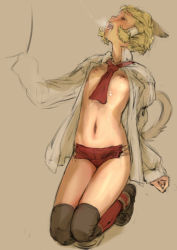 Rule 34 | 00s, 1girl, animal ears, blonde hair, blouse, branch (blackrabbits), cat ears, cat girl, cat tail, final fantasy, final fantasy xi, flat chest, mithra (ff11), navel, open clothes, open mouth, open shirt, shirt, short hair, solo, tail, thighhighs