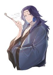 Rule 34 | 1boy, blue hair, character name, earrings, gihuta hiroshi, grey eyes, highres, holding, holding smoking pipe, jewelry, lanxi zhen, laojun (the legend of luoxiaohei), long hair, long sleeves, looking at viewer, smoking pipe, simple background, smile, solo, luo xiaohei zhanji, upper body, white background, wide sleeves