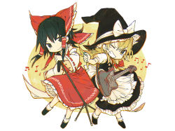 Rule 34 | 2girls, apron, black dress, black eyes, black footwear, black hair, black headwear, blonde hair, blush, bow, braid, buttons, chibi, closed mouth, commentary request, detached sleeves, double-breasted, dress, electric guitar, grin, guitar, hair bow, hair tubes, hakurei reimu, hat, holding, holding microphone, holding plectrum, inazumrai, instrument, kirisame marisa, long sleeves, looking at viewer, microphone, microphone stand, multiple girls, one eye closed, plectrum, red bow, red shirt, red skirt, ribbon-trimmed sleeves, ribbon trim, shirt, shoes, skirt, smile, socks, touhou, white apron, white legwear, white sleeves, wide sleeves, witch hat