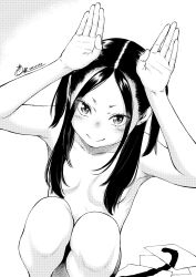 Rule 34 | 1girl, absurdres, arms up, blush, breasts, commentary request, completely nude, greyscale, hair over breasts, highres, key (kagibangou), long hair, looking at viewer, monochrome, nude, original, rabbit pose, simple background, small breasts, smile, solo, squatting, twintails, two side up