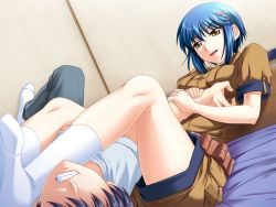 Rule 34 | 1girl, armbar, bed, blue hair, dutch angle, feet, game cg, kurogane otome, non-web source, short hair, socks, solo focus, submission, submission hold, tsuyokiss, wrestling, yellow eyes