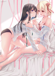 Rule 34 | 2girls, :d, all fours, black hair, black panties, blonde hair, blue ribbon, bra, breasts, cleavage, collarbone, collared shirt, commentary request, dress shirt, eye contact, feet out of frame, green ribbon, hair between eyes, hair ribbon, highres, inoue takina, long hair, long sleeves, looking at another, lycoris recoil, medium breasts, multiple girls, neck ribbon, nishikigi chisato, off shoulder, open clothes, open mouth, open shirt, panties, pink bra, pink panties, pink ribbon, purple eyes, red eyes, red ribbon, ribbon, shirt, signature, sleeves past wrists, smile, sousouman, underwear, very long hair, white shirt, yuri