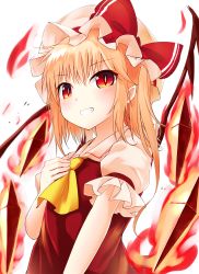 Rule 34 | 1girl, ascot, bad id, bad pixiv id, blonde hair, blush, crystal, fire, flandre scarlet, grin, hat, hat ribbon, highres, looking at viewer, mob cap, pointy ears, puffy sleeves, red eyes, ribbon, satou (3366 s), shirt, short hair, short sleeves, side ponytail, simple background, skirt, skirt set, slit pupils, smile, solo, touhou, upper body, vest, white background, wings