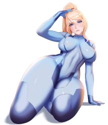 Rule 34 | 1girl, absurdres, blonde hair, blue eyes, blush, bodysuit, breasts, covered erect nipples, covered navel, curvy, hair tie, hand on head, highres, kneeling, large breasts, leaning back, metroid, nintendo, ponytail, popogori, samus aran, sidelocks, sitting, solo, thick thighs, thighs, wide hips, zero suit