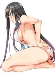 Rule 34 | 1girl, armpits, ass, bare shoulders, barefoot, black hair, blue eyes, blush, breasts, large breasts, long hair, looking at viewer, meme attire, original, seiza, sideboob, simple background, sitting, smile, solo, usyuuri, very long hair, virgin killer sweater, white background