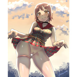 Rule 34 | 1girl, artist name, bare shoulders, belt, black choker, blush, breasts, brown hair, censored, choker, clothes lift, cloud, female focus, final fantasy, final fantasy xv, from below, iris amicitia, kakuume, lifted by self, looking at viewer, medium breasts, no panties, orange eyes, orange sky, outdoors, pillarboxed, plaid, plaid skirt, pleated skirt, polka dot, polka dot shirt, presenting, pussy, red skirt, shiny skin, shirt, short hair, signature, skindentation, skirt, skirt lift, sky, sleeveless, sleeveless shirt, smile, solo, standing, thigh strap