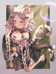 Rule 34 | 1girl, :o, animal ear fluff, animal ears, ankle bell, bell, black dress, black footwear, blowing bubbles, bubble pipe, commentary request, commission, copyright request, day, dress, frilled sleeves, frills, full body, highres, holding, jingle bell, kneeling, long sleeves, looking at viewer, on grass, parted bangs, parted lips, shoes, shuru y, skeb commission, solo, tail, tiger ears, tiger girl, tiger tail, tree, white hair, wide sleeves, yellow eyes