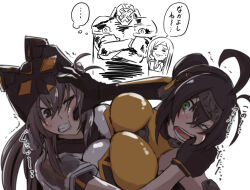 Rule 34 | 1boy, 3girls, ahoge, asymmetrical docking, breast press, breasts, brown eyes, brown hair, clenched teeth, comic, crossed arms, duel monster, forehead protector, gloves, green eyes, hat, highres, i:p masquerena, large breasts, multiple girls, open mouth, pushing away, pushing face, s-force justify, s-force pla-tina, s-force rappa chiyomaru, short ponytail, short sleeves, teeth, tkool man, translated, yu-gi-oh!