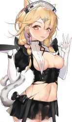Rule 34 | 1girl, :p, absurdres, animal ears, arknights, black skirt, blonde hair, blush, braid, breast curtains, breasts, breasts out, brown eyes, cat ears, cat girl, cat tail, cleft of venus, clothes lift, earrings, elbow gloves, extra ears, gloves, heart, heart-shaped pupils, highres, jewelry, kazemaru (arknights), kazemaru (like illusion) (arknights), lifted by self, long hair, looking at viewer, medium breasts, miniskirt, navel, nipples, no panties, official alternate costume, pussy, redust jack, see-through, skirt, smile, solo, stomach, symbol-shaped pupils, tail, tongue, tongue out, twin braids, white gloves
