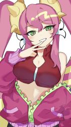 Rule 34 | 1girl, breasts, comic, crop top, duel monster, green eyes, hand in pocket, highres, jacket, ki-sikil (yu-gi-oh!), live twin ki-sikil, long hair, long sleeves, medium breasts, multicolored eyes, nernnernneru, open clothes, open jacket, partially unzipped, pink eyes, pink hair, single bare shoulder, smile, solo, teeth, twintails, v, yu-gi-oh!