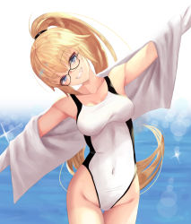 Rule 34 | 1girl, absurdres, black-framed eyewear, blonde hair, breasts, cleavage, competition swimsuit, covered navel, fate/grand order, fate (series), glasses, grin, hair ribbon, head tilt, highleg, highleg swimsuit, highres, jacket, jeanne d&#039;arc (fate), jeanne d&#039;arc (ruler) (fate), jeanne d&#039;arc (swimsuit archer) (fate), jeanne d&#039;arc (swimsuit archer) (second ascension) (fate), long hair, looking at viewer, medium breasts, nekobell, ocean, one-piece swimsuit, open clothes, open jacket, outstretched arms, ponytail, purple eyes, ribbon, smile, solo, sparkle, spread arms, swimsuit, thigh gap, very long hair, white one-piece swimsuit