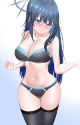 Rule 34 | 1girl, absurdres, black bra, black panties, black thighhighs, blue archive, blue background, blue eyes, blue hair, blush, bra, breasts, commentary request, cowboy shot, gradient background, highres, holding, large breasts, long hair, looking at viewer, navel, no headwear, panties, rxsilence, saori (blue archive), smile, solo, standing, stomach, thighhighs, thighs, underwear, underwear only, very long hair, white background