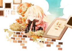 Rule 34 | 1girl, blonde hair, brick, closed eyes, fence, flower, head rest, ia (vocaloid), long hair, painting (object), picture frame, plant, rose, smile, snowfall0617, tulip, vocaloid